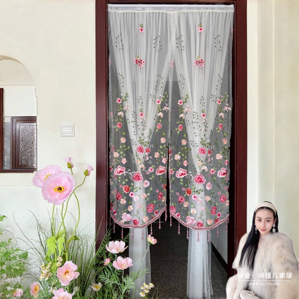 加宽【618限时】绣花吊珠双层长门帘卧室帘可剪短魔术贴伸缩杆