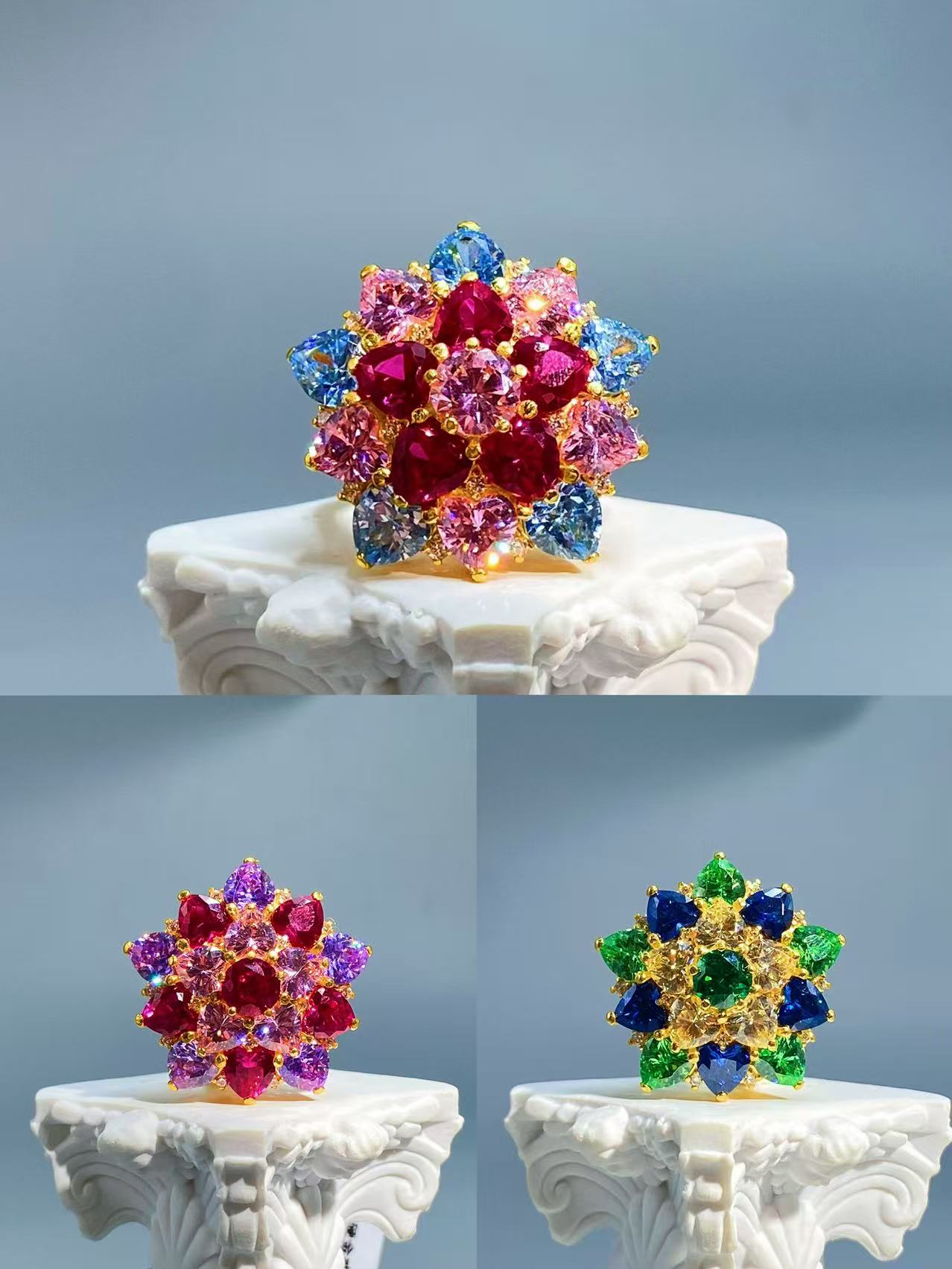 黄金足金999 黄金镶嵌精致星芒黄金戒指时尚高级多巴胺色系