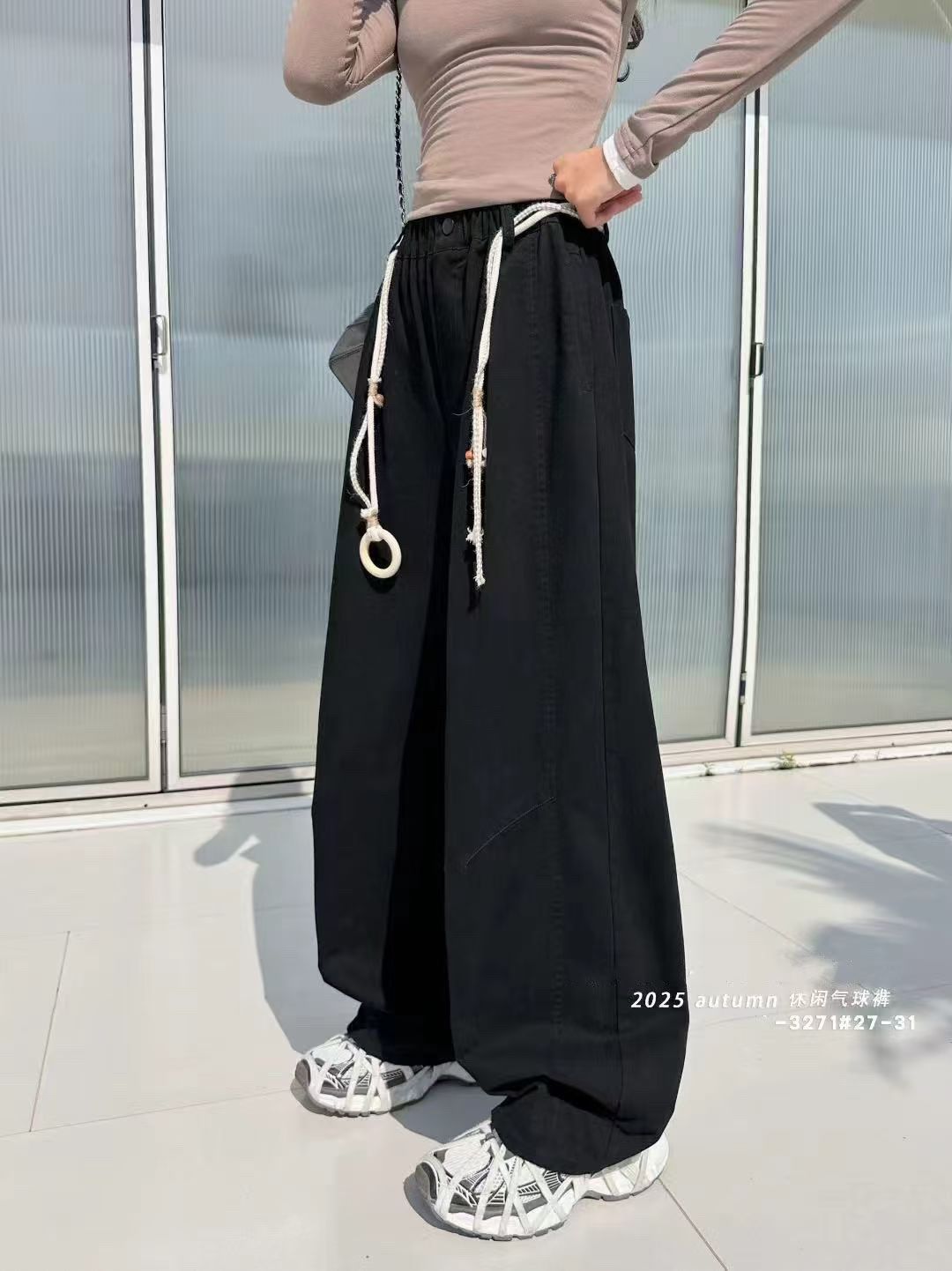 美式复古拼接垂感高腰宽松褶皱弯刀休闲阔腿裤