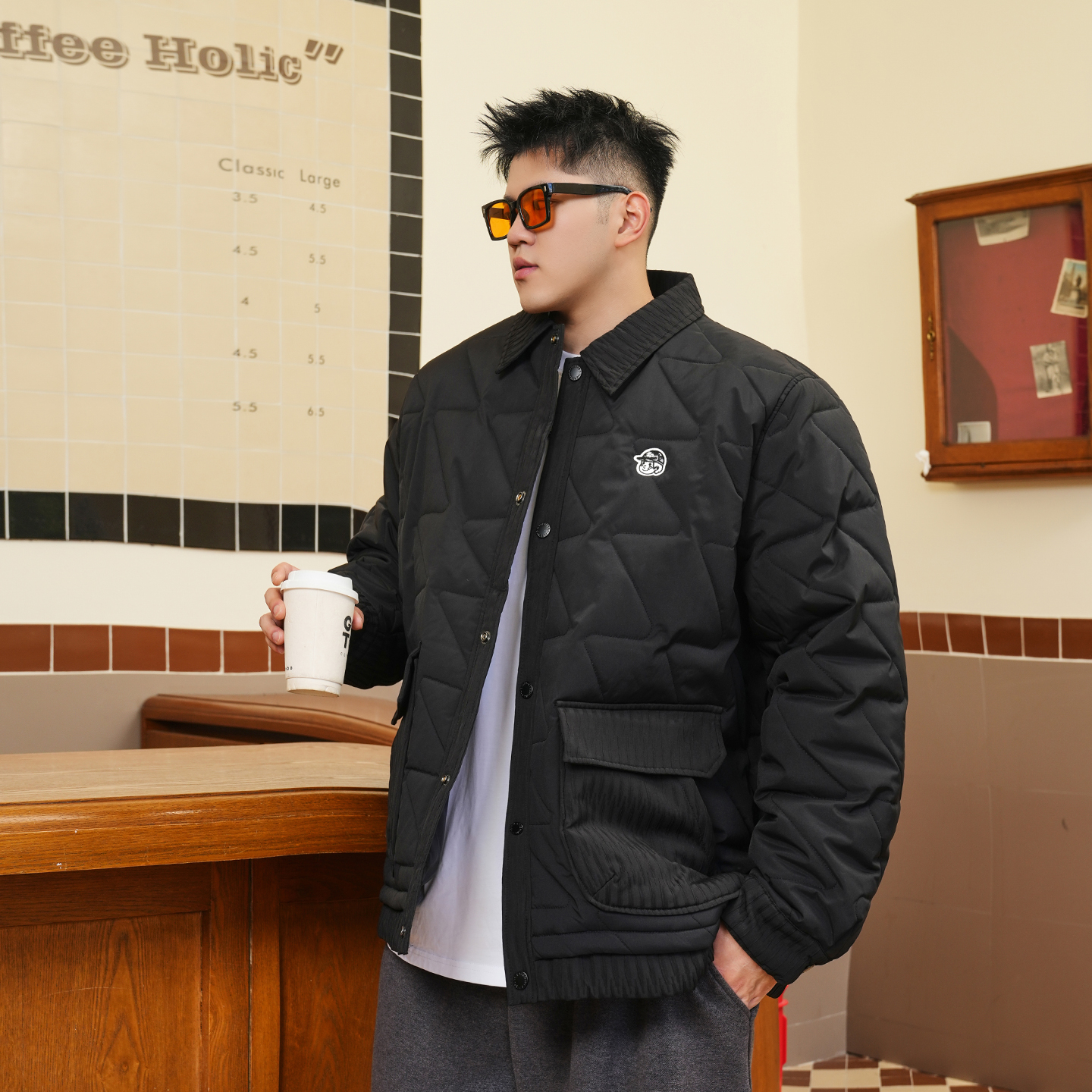 THE PANG潮牌大码男装2025冬胖子宽松拼接翻领棉服男冬装棉衣外套