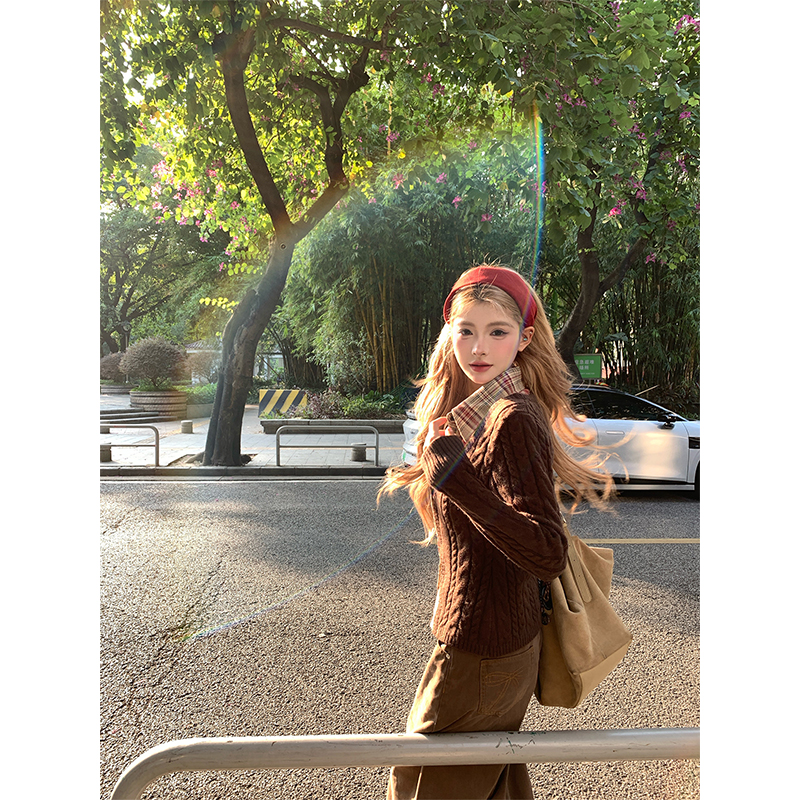  【七颗虾滑】冬季新款上衣设计感拼接格纹针织衫HC-25233#