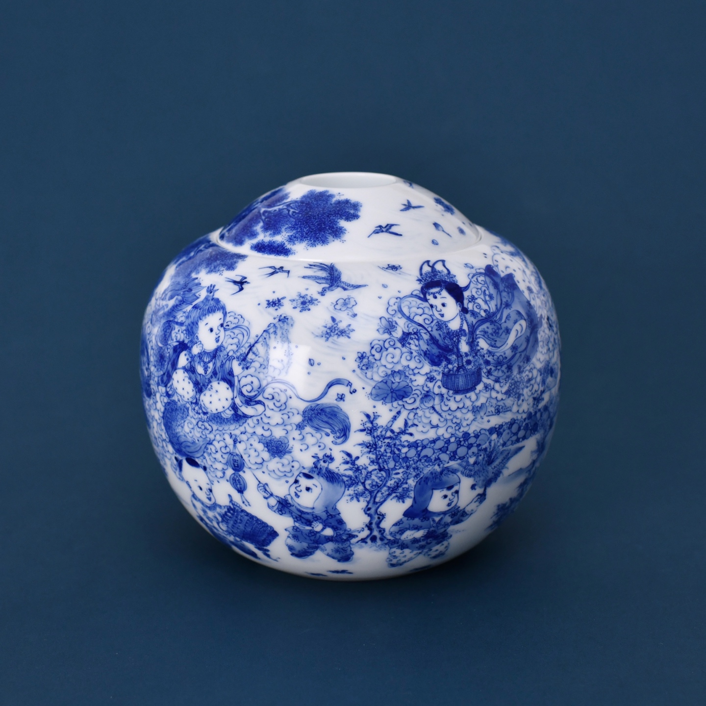 景德镇九段烧九段妙手婴戏春神满月罐名窑陶瓷青花茶叶罐书房摆件