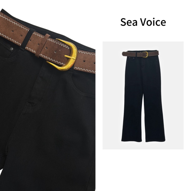 【Sea Voice】高腰加绒加厚配皮带直筒微喇牛仔裤