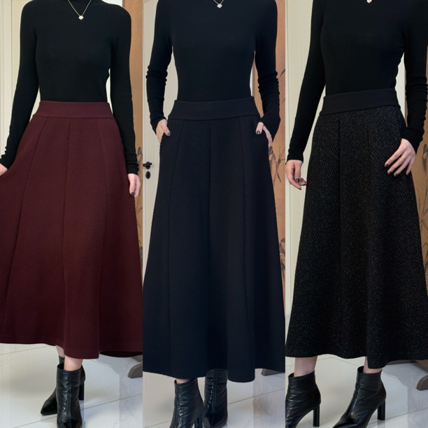 2025年冬季弹力针织高腰大摆显瘦八片半身裙