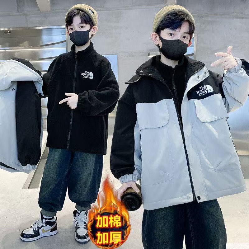 F01025男童秋冬季夹棉加厚三合一冲锋衣外套2025秋冬款中大童防风