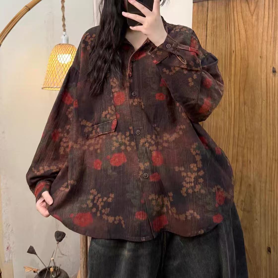 (福利)2025春季新款复古小众休闲百搭印花毛边系扣棉麻衬衫女