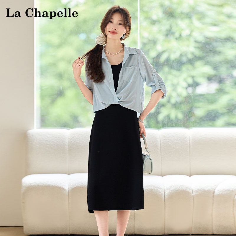 La Chapelle/拉夏贝尔韩版时尚亚麻天丝套装薄款洋气连衣裙套装