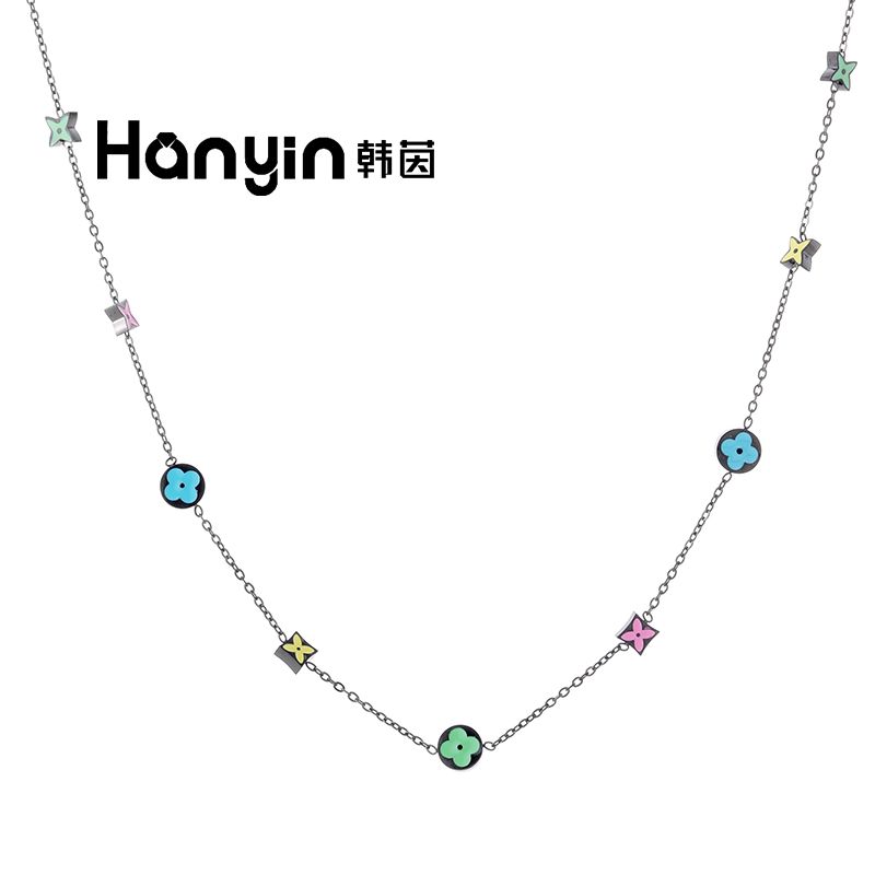 钛钢项链 时尚轻奢小众气质烧蓝多巴胺四叶草项链AAA