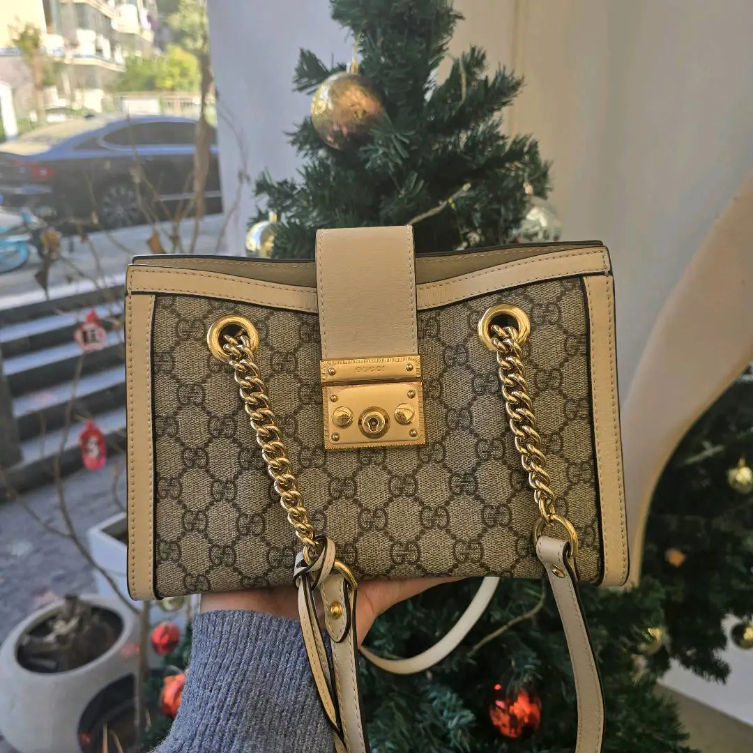 99新 GUCCI/古驰 padlock老花白色拼乌木色单肩包小号