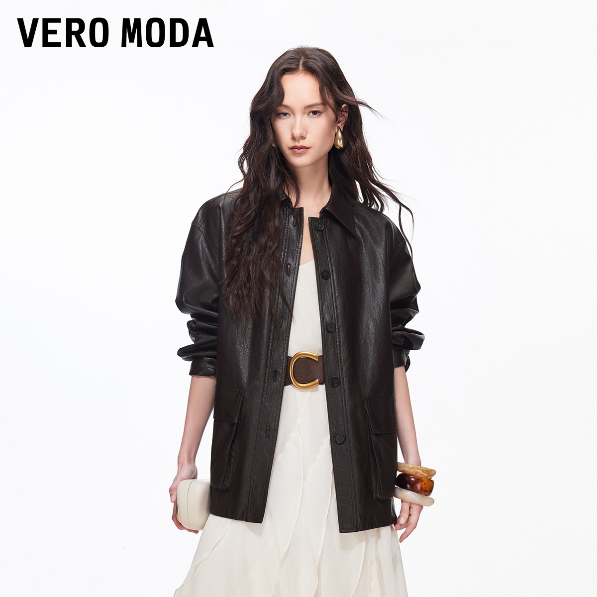 Vero Moda风衣2026春季新款含棉PU仿皮可拆腰带时髦外套高级感