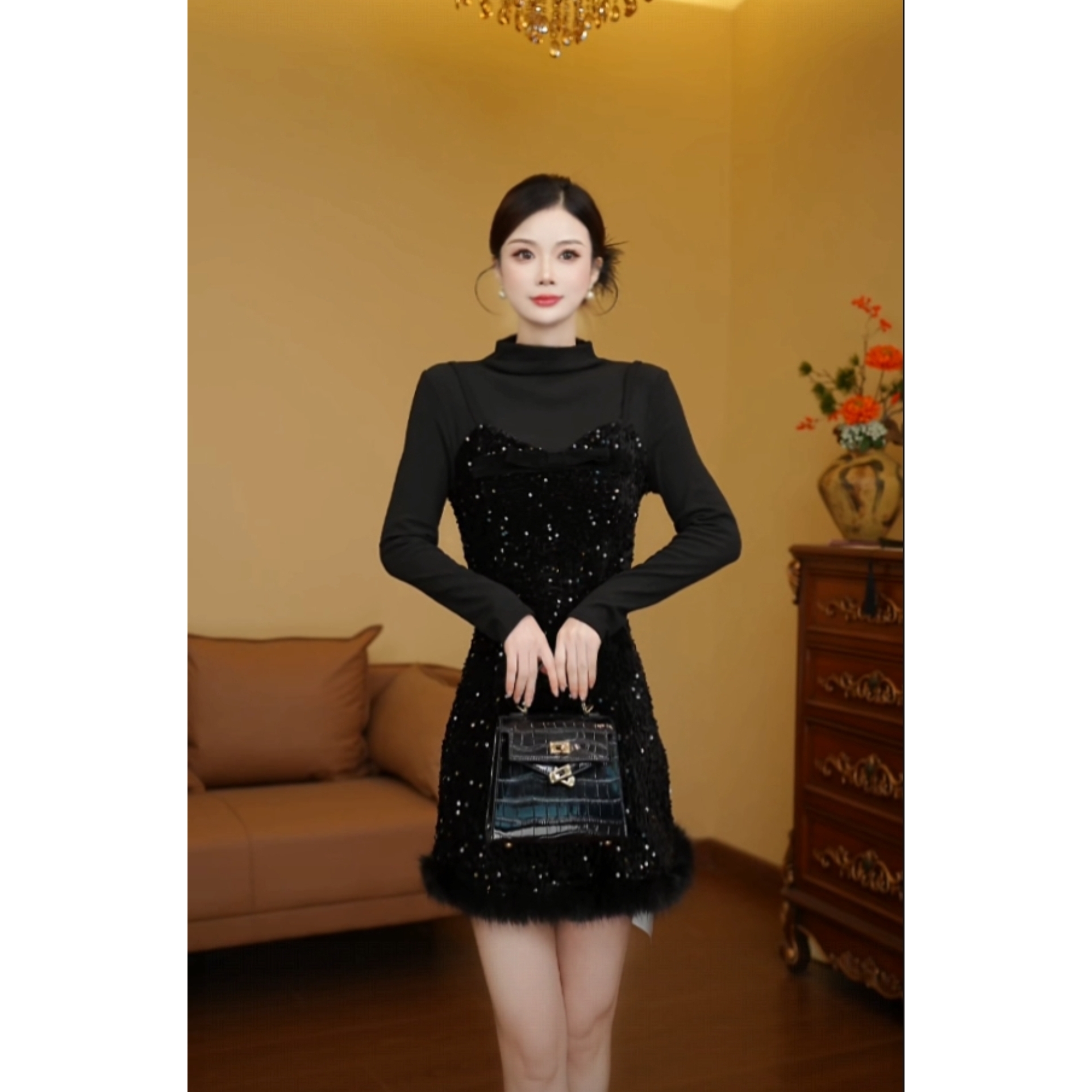 【利姐专属】【有里布】秋冬千金感小香风假两件连衣裙时尚百搭QY0231