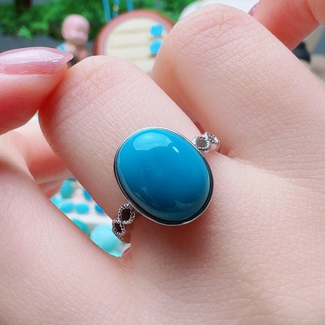 绿松石银S925镶嵌高瓷玉化蓝大蛋面女戒