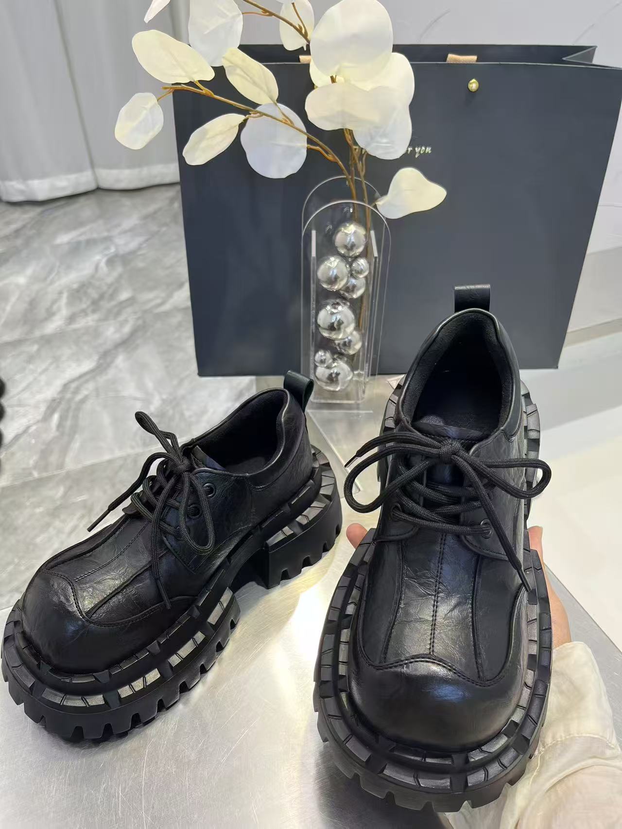 唐小肉厚底法式圆头中口单鞋休闲乐福鞋黑色8009-31百搭鞋子