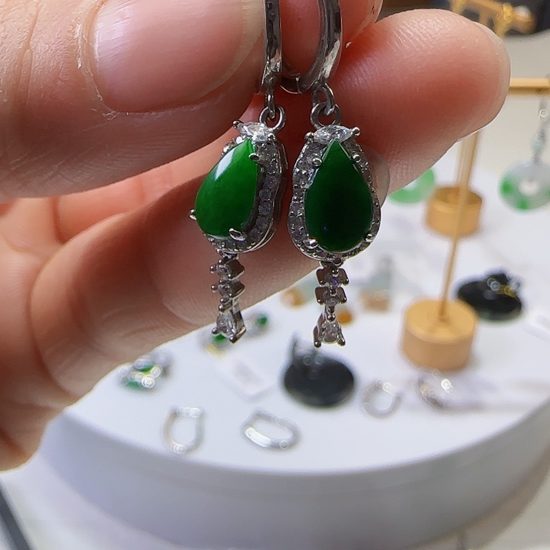 翡翠耳饰银S925镶嵌天然缅甸a货翡翠