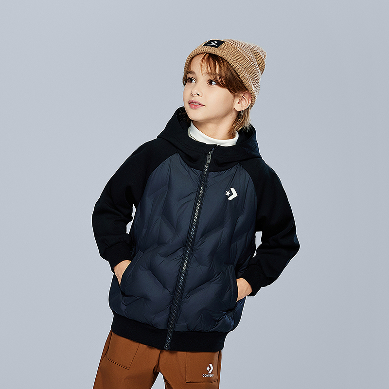 Converse匡威儿童童装羽绒服90绒保暖冬季运动连帽拼接加厚J078