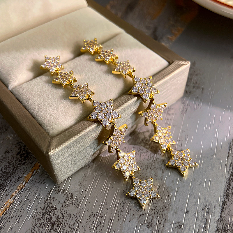 纯铜锆石耳饰 轻奢时尚立体五角星耳环气质名媛长款星星耳坠耳饰