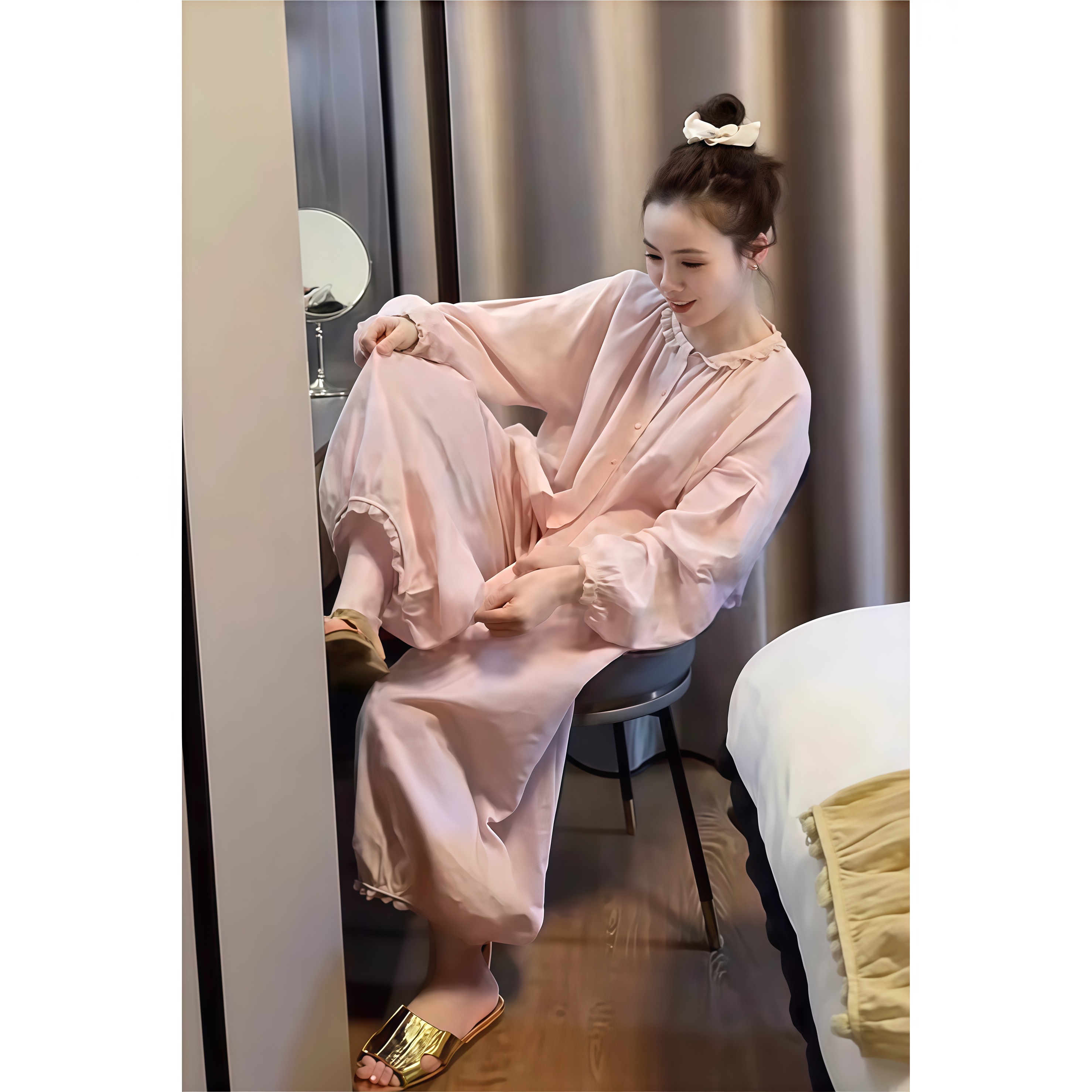 HAREECISU【粉色条纹】纯欲风睡衣女长宽松花边甜美少女睡衣套装 