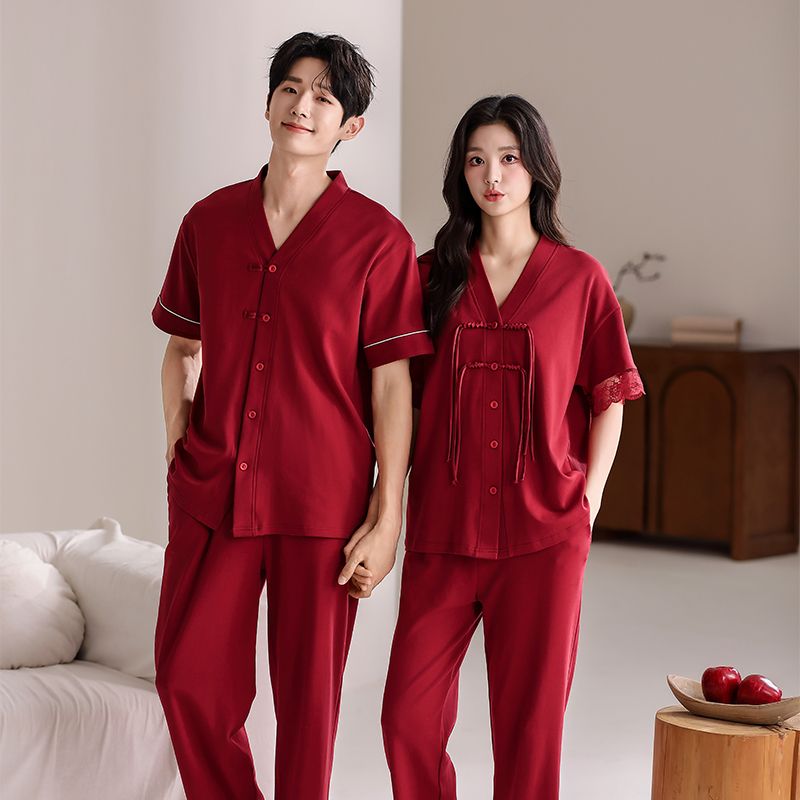 【两套情侣装】短袖夏季透气亲肤舒适凉爽长裤结婚情侣红色喜庆睡衣