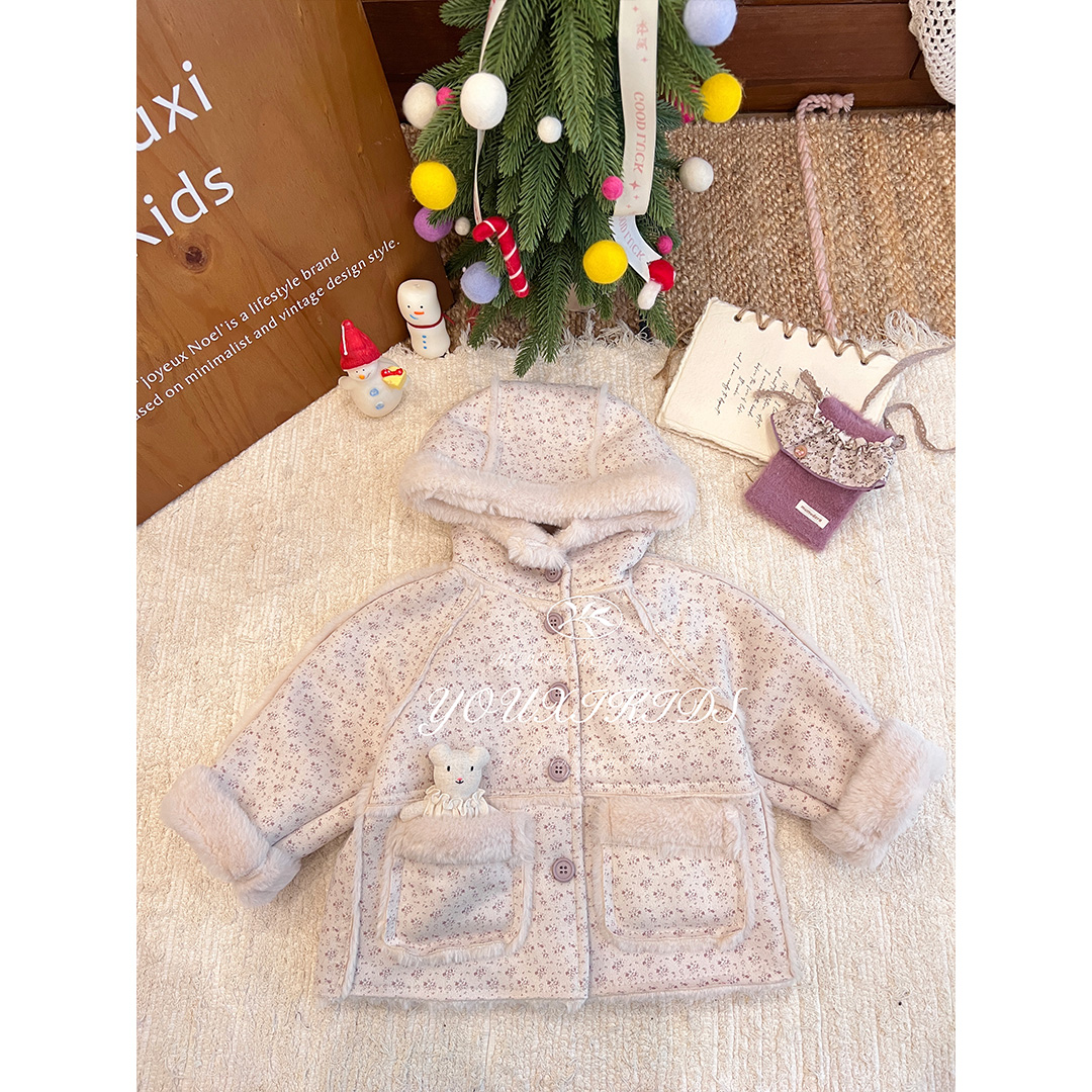 现飞飞家繁花似锦25冬季女童韩版碎花加绒连帽加厚洋气外套FF3113