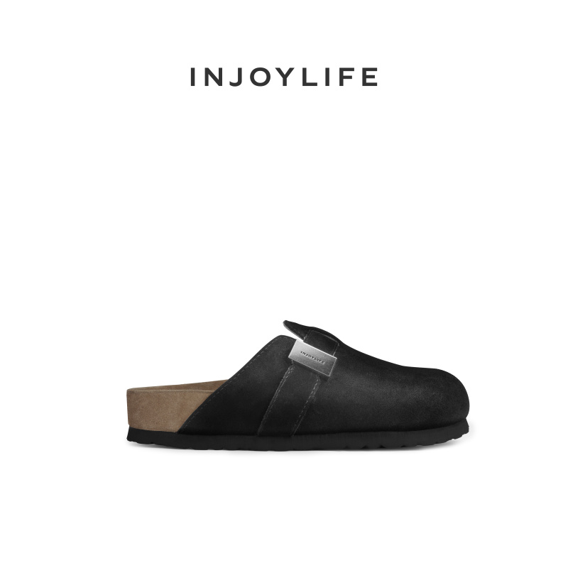 INJOYLIFE经典方扣勃肯鞋绒面黑一脚蹬包头半拖鞋女牛皮外穿厚底