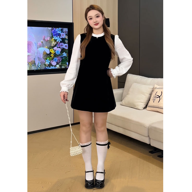 小桃微胖定制【W25A0962】丝绒收腰花苞背心A字假两件小黑裙