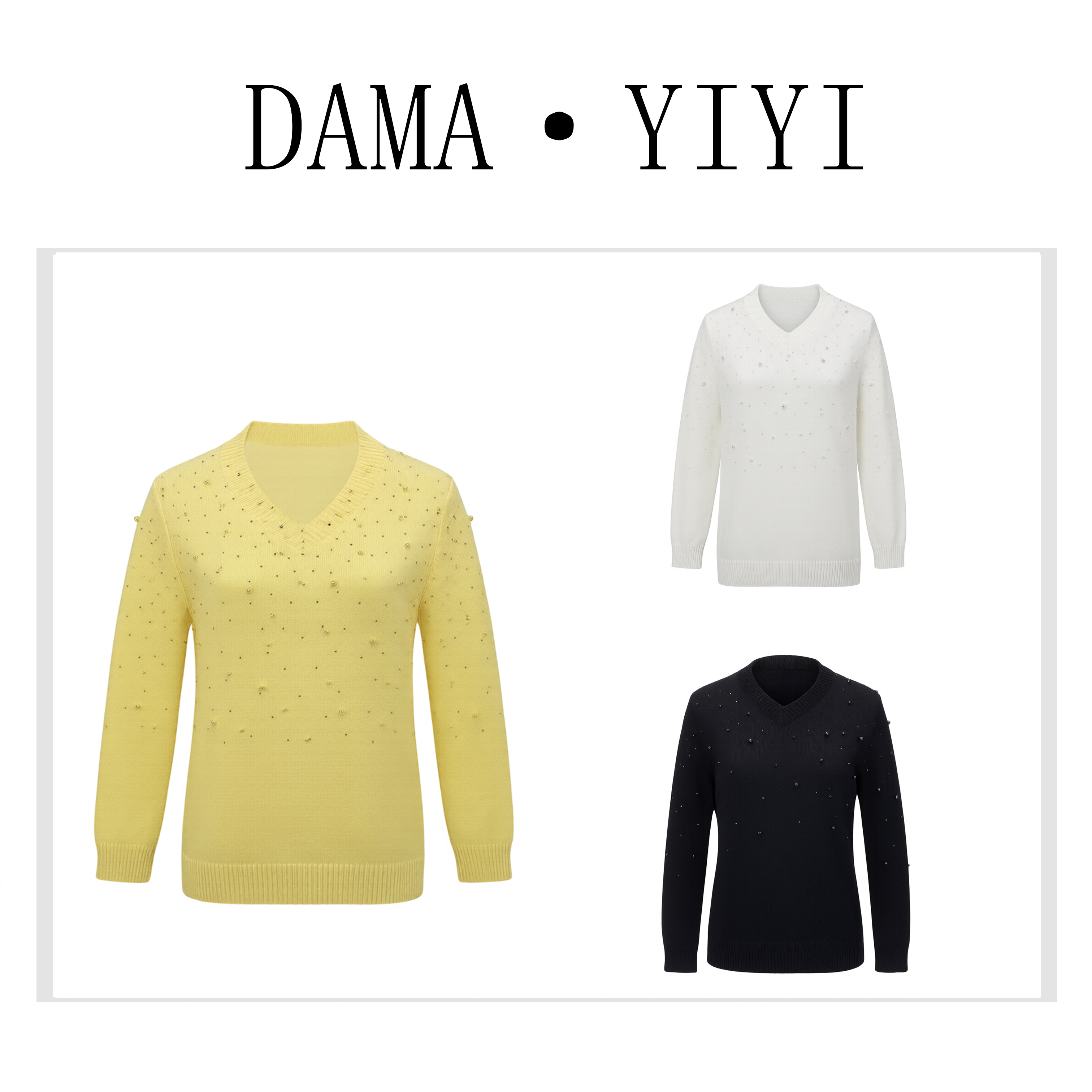 D597新款时尚潮流韩系工艺V领针织衫重工艺钉珠宽松遮肉上衣