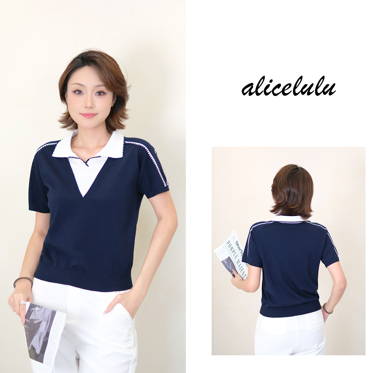 [alicelulu] 假两件拼接线条毛针织衫日常休闲短袖 S2143323L