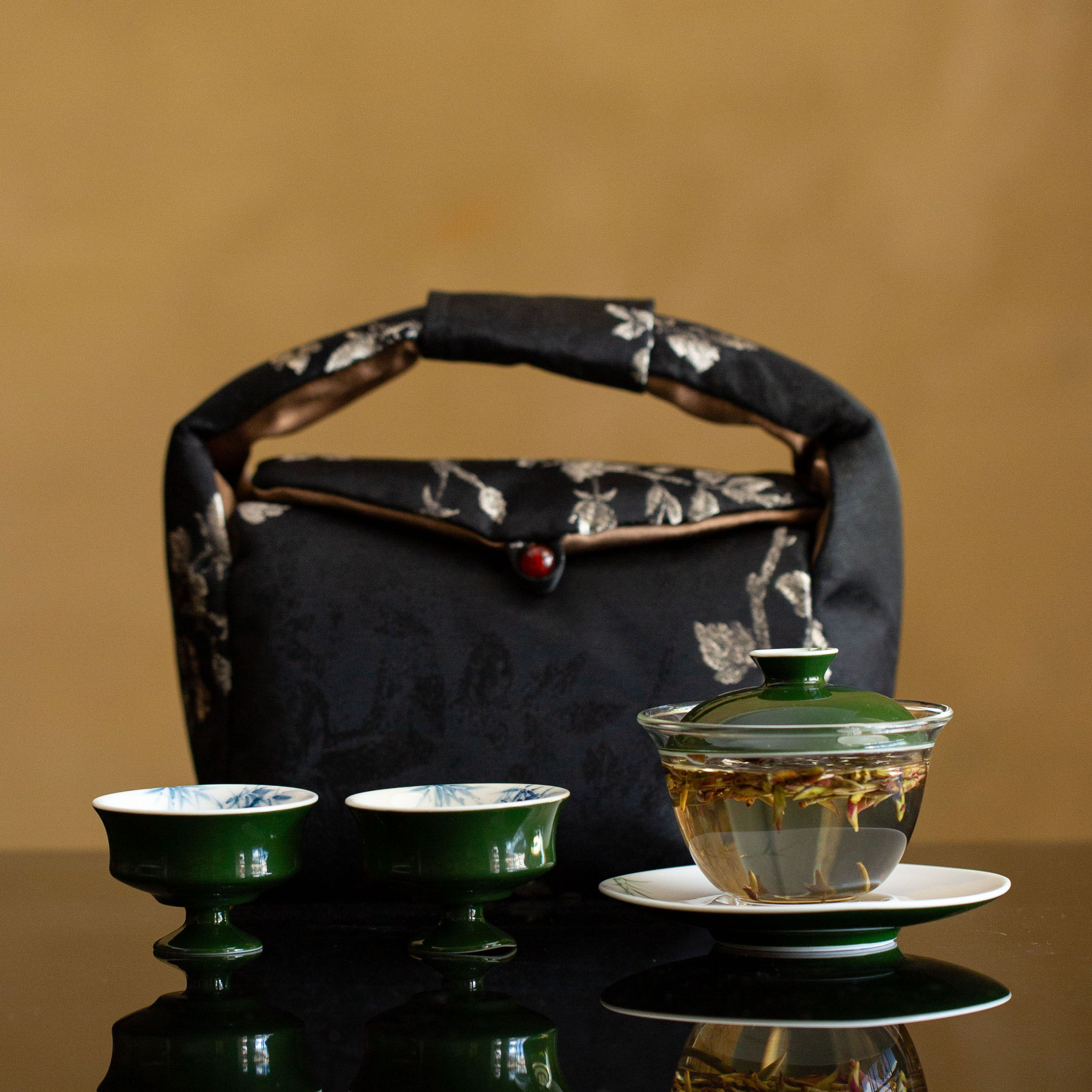 竹叶绿玻璃手绘三才盖碗茶具透明泡茶碗陶瓷茶杯旅行茶具功夫茶具