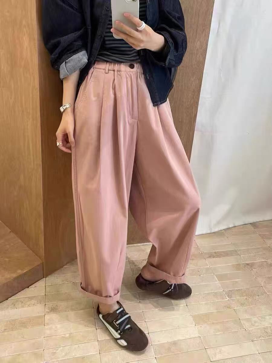 纯棉哈伦裤磨毛高弹柔软松紧腰休闲裤纯色百搭长裤