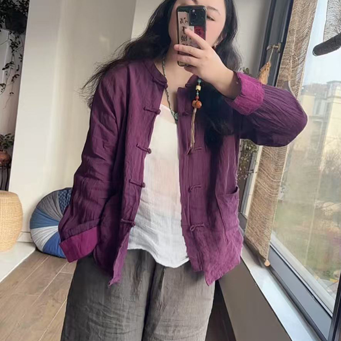 小秋推荐 新国风中式砂洗亚麻复古立领文艺短外套311长66胸围125 