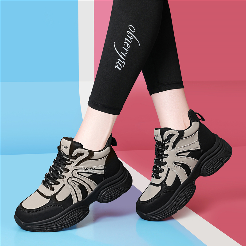 爆款运动鞋女鞋2025年秋冬季新款高帮拼色皮鞋厚底轻便休闲老爹鞋