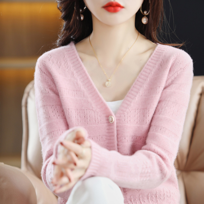 工厂清仓~100%纯羊毛开衫女V领加厚提花镂空针织秋冬毛衣外套