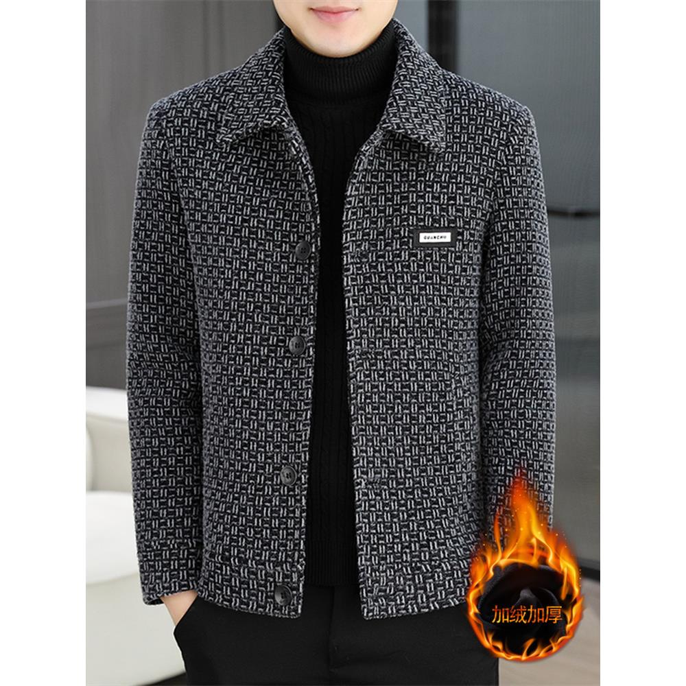 高端格子男士夹克外套男款秋冬季加绒加厚休闲翻领保暖毛呢上衣服