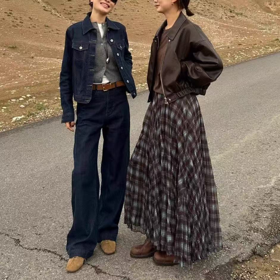 复古格纹网纱半身裙2025新款垂感遮肉高腰显瘦百褶a字长裙子女