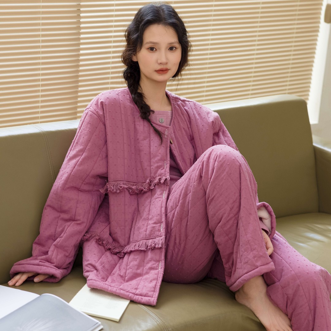 韩版设计感流苏睡衣女秋冬季新款加厚高级感夹棉家居服套装可外穿