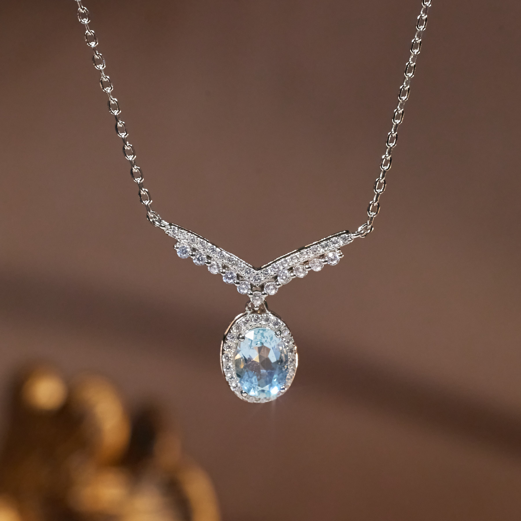 【九华山】蛋面*海蓝宝项链*S925银镶嵌W9277