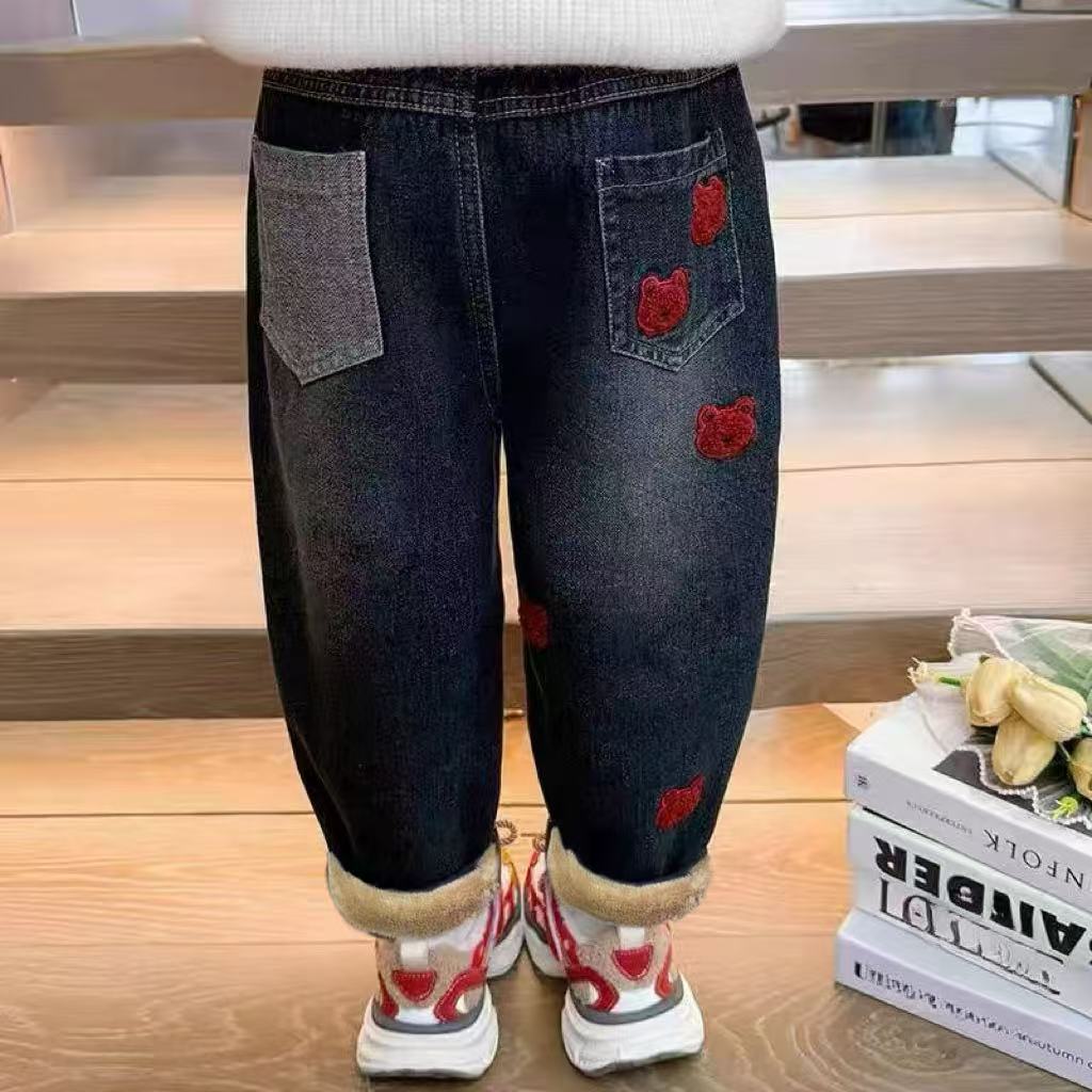 女童加绒牛仔裤宝宝加厚冬款保暖休闲裤小童韩版冬季羊驼绒老爹裤