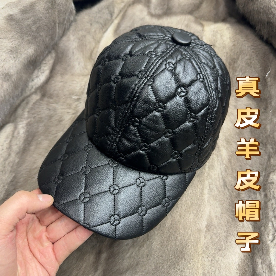 头层男士真皮棒球帽菱格刺绣户外遮阳保暖鸭舌帽中老年可调节外套