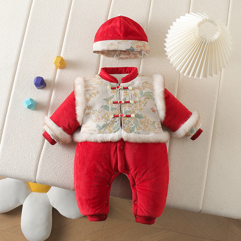婴儿冬季中国风加绒加厚满月百天外出爬服宝宝拜年服喜庆拼接连体