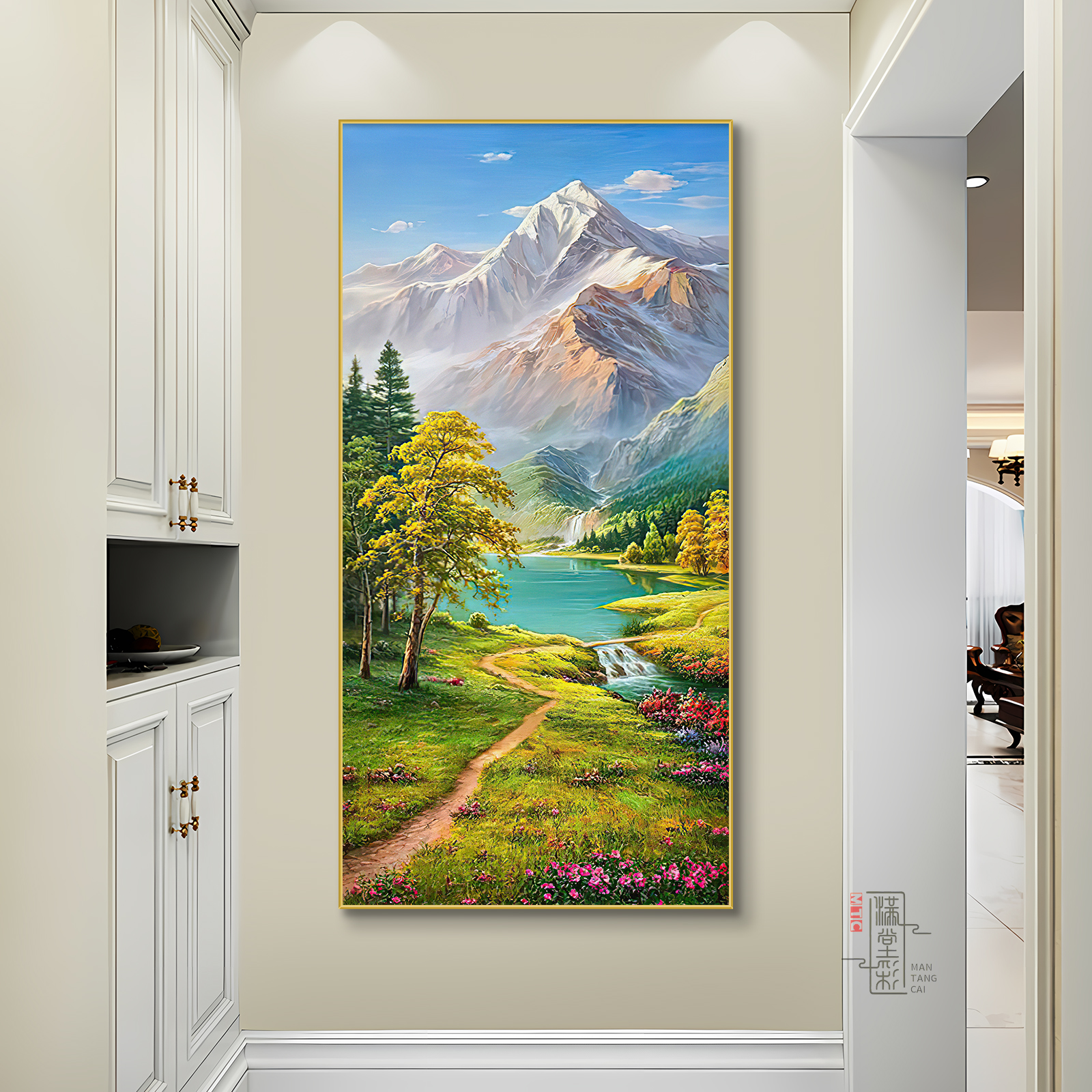 流水生财玄关装饰画入户正对门挂画高端大气走廊过道画山水风景画