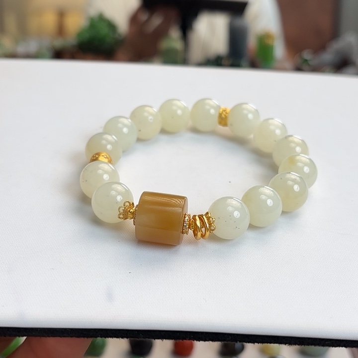 和田玉（青白玉）银S925镶嵌手链12mm新疆点墨青花设计款