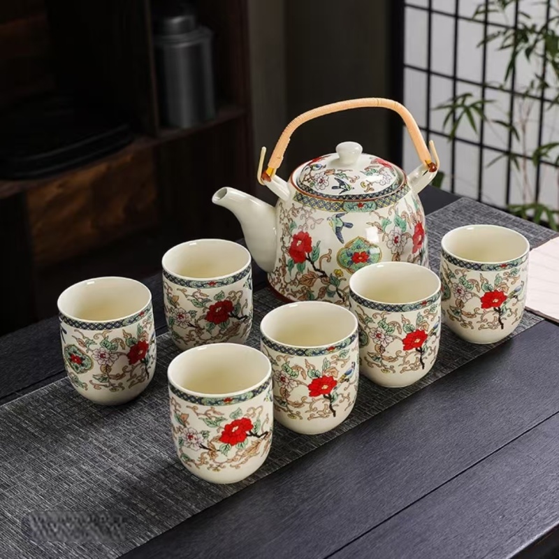 G2599-汝窑缠枝莲提梁壶一壶六杯