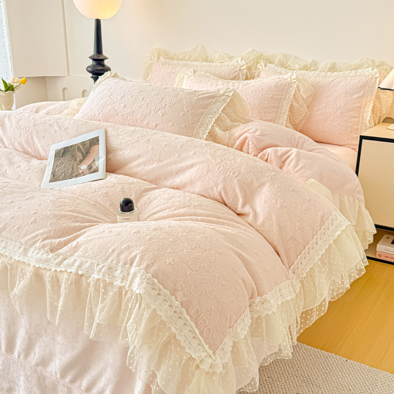 法式雕花韩版花边款加厚牛奶绒四件套床上用品被套加绒双面绒