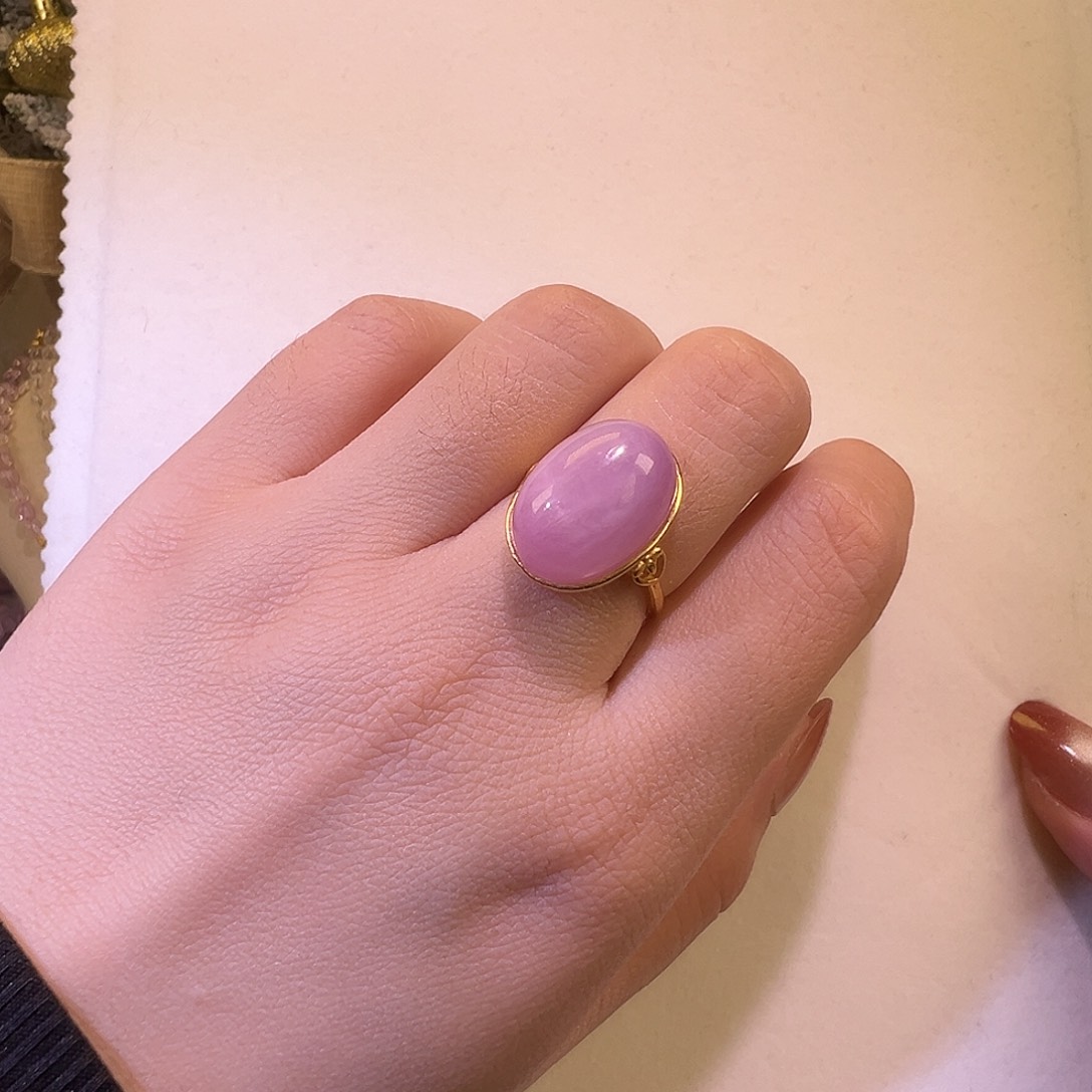 锂辉石戒指银S925镶嵌冰糯猫眼紫锂辉戒指可调节圈口毕业级别