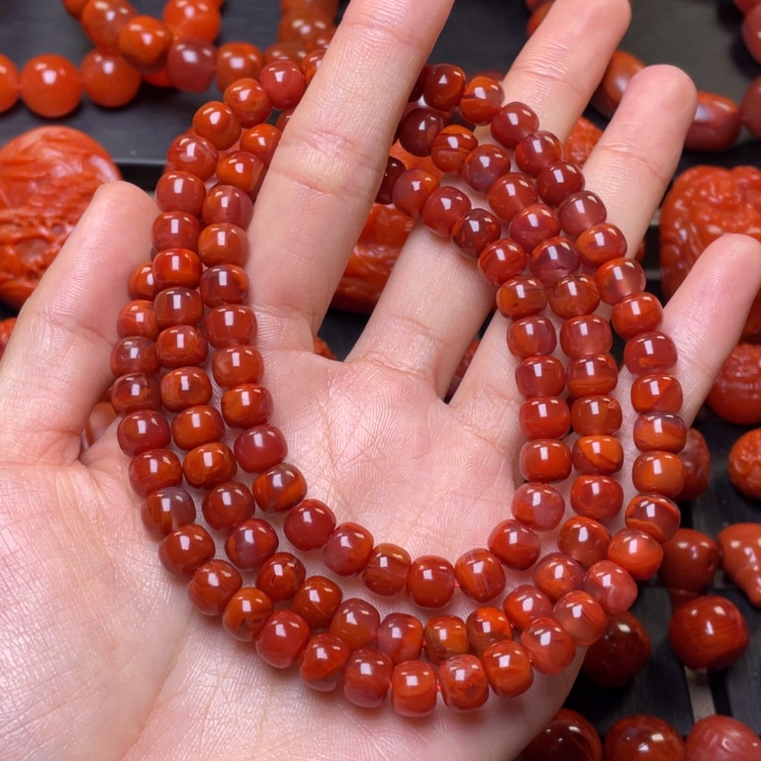 南红玛瑙其它未镶嵌y7.6mm瓦西牛血红火焰纹老型手串