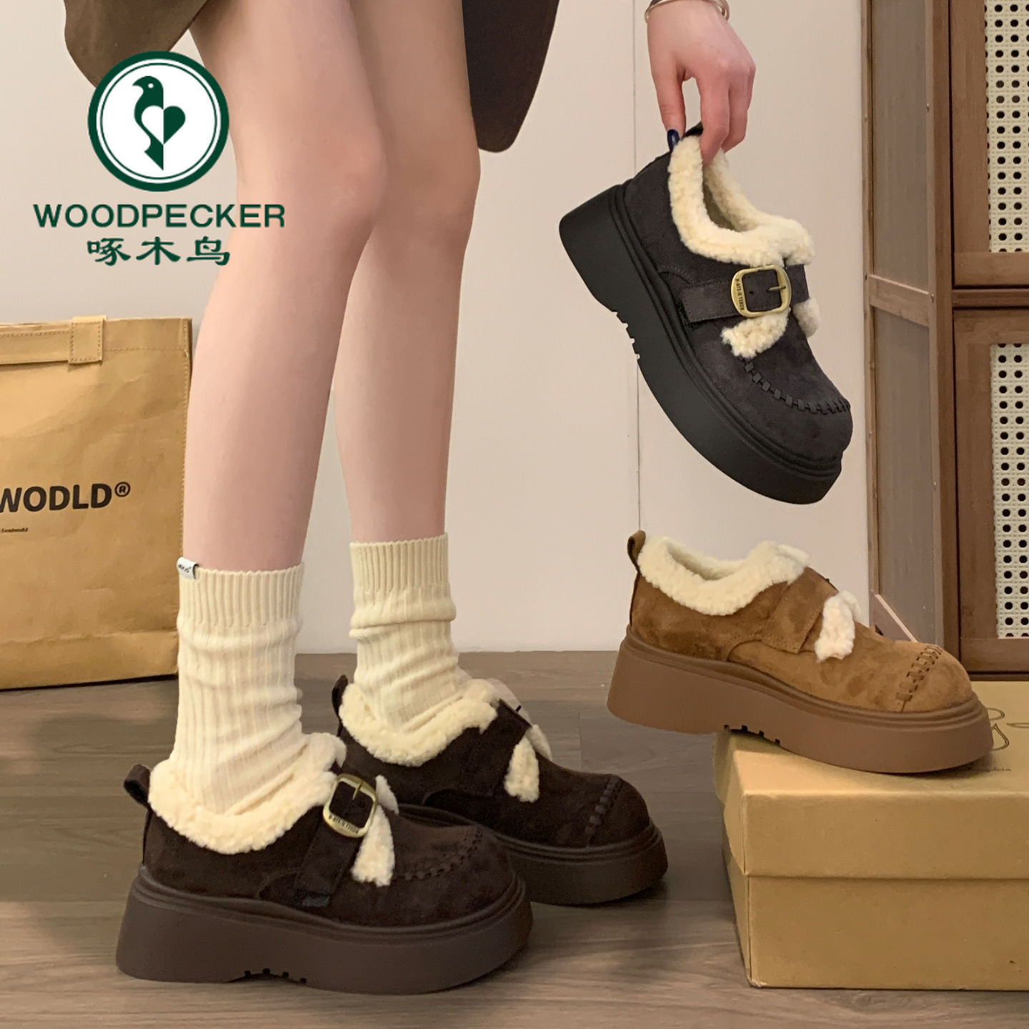 啄木鸟勃肯鞋女款2025新款秋冬季棉鞋加绒加厚时尚雪地靴保暖鞋子