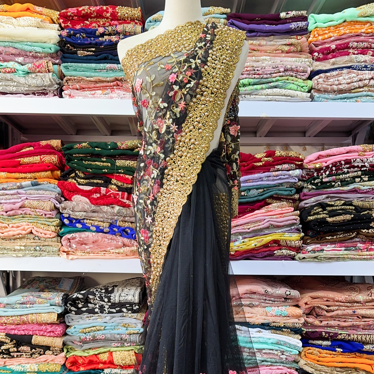 全新六米网纱大纱丽黑色满绣