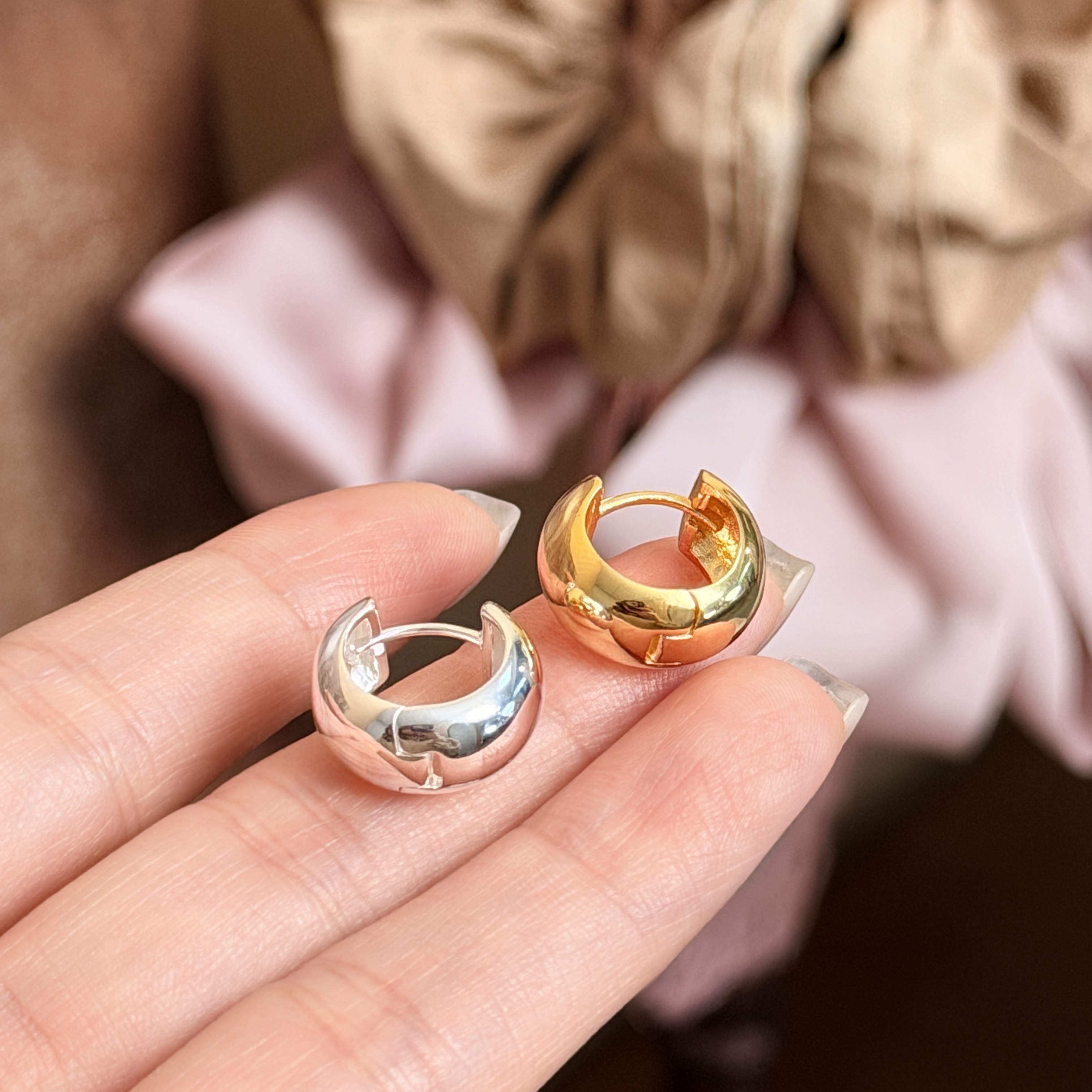 925银耳饰 日月微明耳圈金银两色耳圈冷淡风简约轻奢耳钉