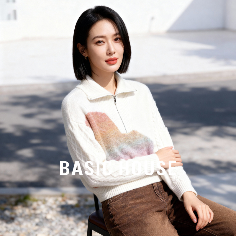 Basic House/百家好半拉链晕染拼接毛衣冬季设计感套头落肩上衣女