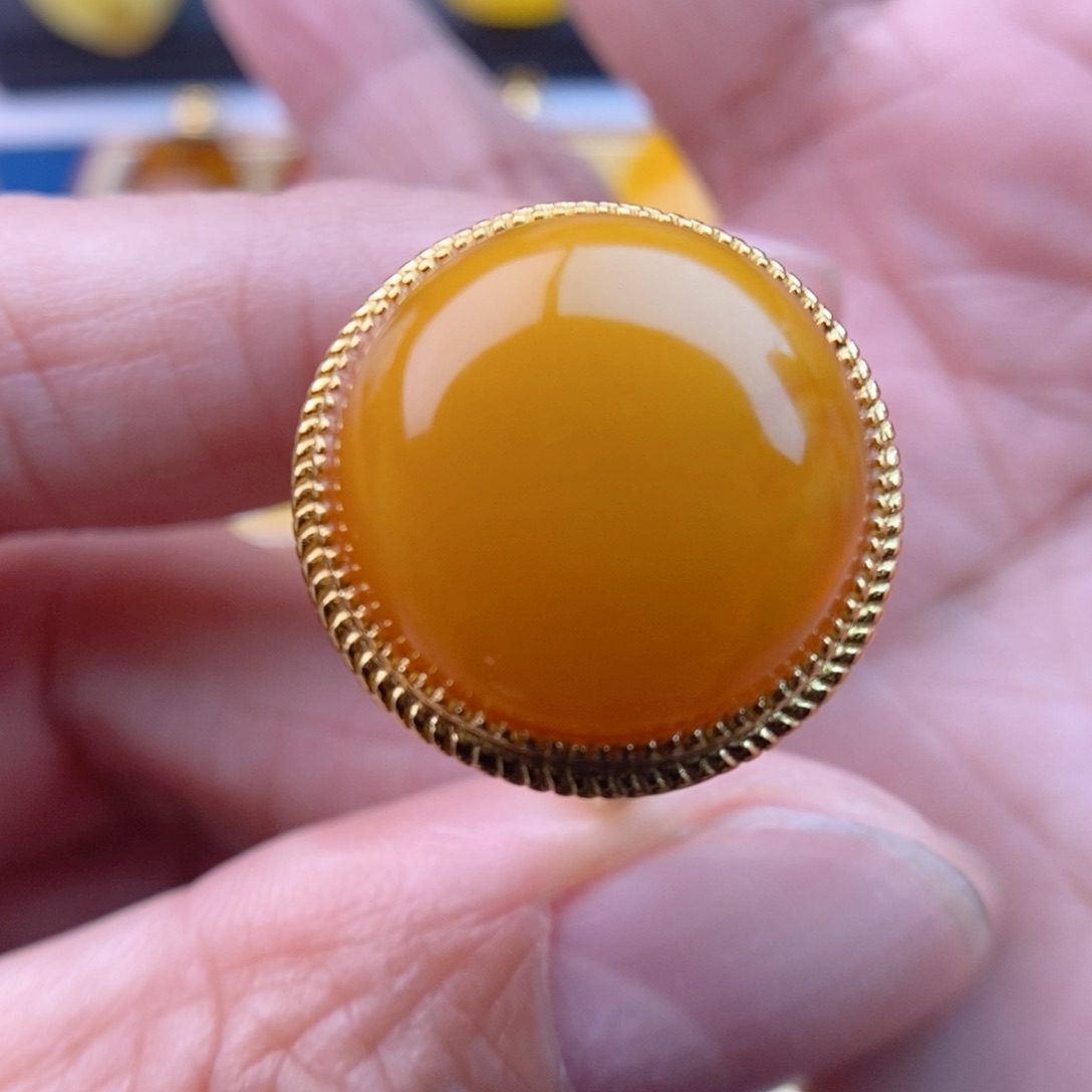 琥珀戒指银S925镀金镶嵌